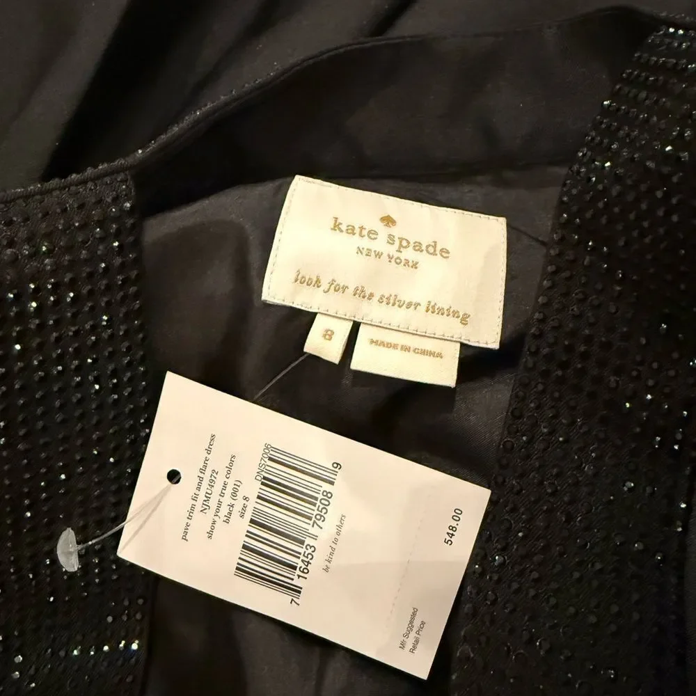Kate Spade ‘Pave Fit and Flare’ Black Formal Dress with gemmed bow ~ Size: 8
